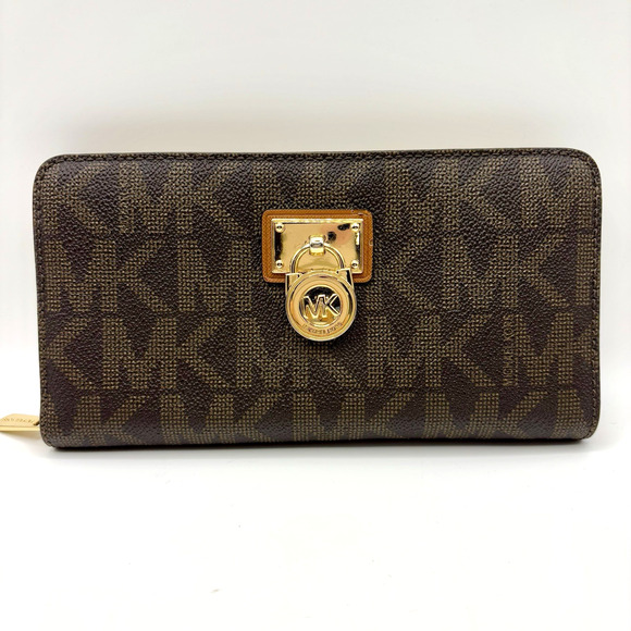 Michael Kors Hamilton Traveler Brown Leather Zip Around Continental Logo Wallet - Picture 1 of 9